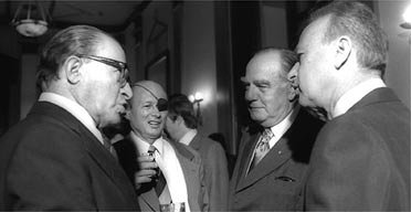 Apartheid John Vorster, Israel's PM Yitzhak Rabin right, and Menachem Begin left, and Moshe Dayan on 1976 visit to Jerusalem